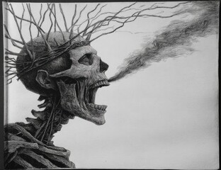 A skeletal figure with a thorny crown exhales dark smoke in monochrome