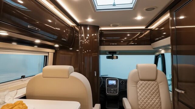 Luxurious Motorhome Interior with Beige Seating Brown Wood Paneling Natural Light Plates of Snacks and Wine Glasses on Tables