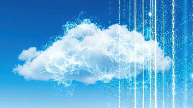 Against vibrant blue sky cloud morphs into luminous digital network Circuitry lines binary streams and subtle server racks integrate symbolizing powerful data infrastructure