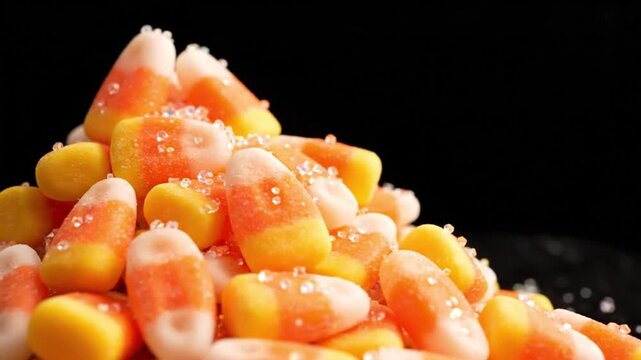 Candy Corn Pile Halloween Treat CloseUp with Sparkles.