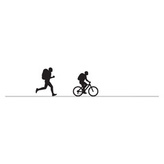 Fototapeta premium Runner and cyclist with backpacks on a line bicycle