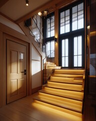 Obraz premium Interior stairway lit from beneath with wood accents, glass railing, and natural light
