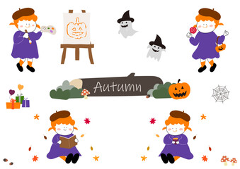 秋を楽しむ女の子のイラスト素材