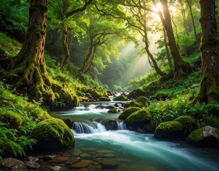 Beautiful Lush Forest Scene with a Flowing River and Sunlight Glare