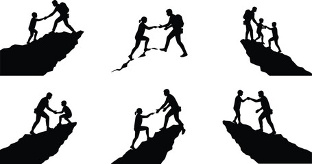 Silhouette of hikers helping each other climbing mountain, teamwork success, adventure support, outdoor challenge, friendship trust, hiking cooperation, exploration achievement illustration