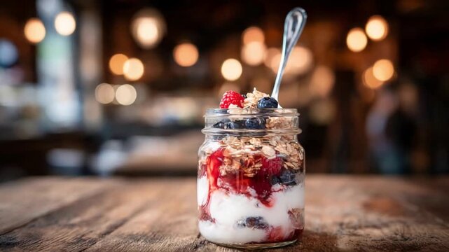 Refreshing Yogurt Parfait with Fresh Berries and Granola in a Jar.