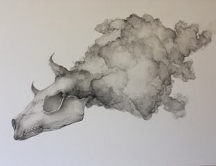 A grayscale drawing of an animal skull emanating cloud-like smoke from its head