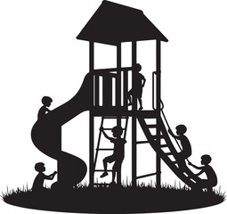 Black silhouette of children playing on a playground slide