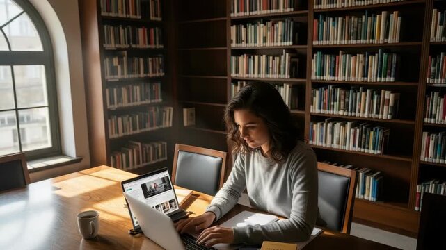 Young woman diligently types on silver laptop at sunlit wooden library table surrounded by towering bookshelves A white mug papers and book are nearby; an arched window is on the left