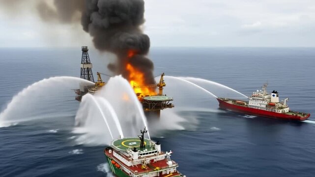 Dramatic Oil Rig Fire: Ships Spray Water on Burning Platform in Open Sea
