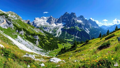 Obraz premium Panoramic Alpine Meadow with Vibrant Wildflowers and Snow Capped Mountain Peaks Under a Clear Blue Sky in Summer Daylight