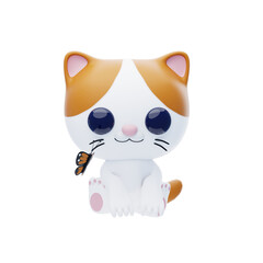Cat Character sees butterfly 3D Illustration.