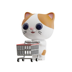 Cat Character Pushing Shopping Trolley 3D Illustration.