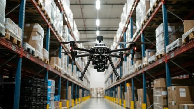 high-tech inspection drone with multiple cameras hovers in vast warehouse aisle surrounded by tall metal racks stacked with numerous cardboard boxes and wrapped pallets under bright lights