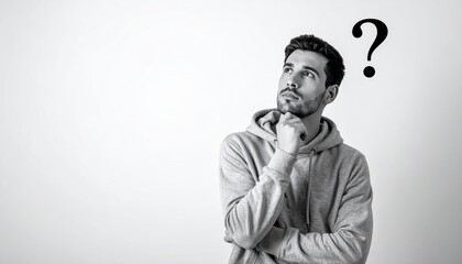 Pondering Questions: A contemplative man looks up in thought with question marks hovering, capturing moments of deep reflection and pondering