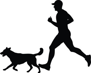 Silhouette of man running with dog, jogging partner, outdoor exercise, pet activity, fitness training, healthy lifestyle vector illustration design
