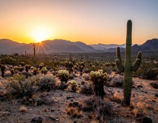 Desert sunset over cacti field