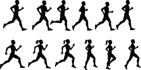 Silhouette of men and women running, fitness workout exercise illustration, marathon jogging training, healthy lifestyle activity, vector design clipart.