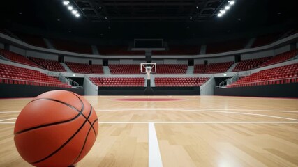 orange basketball rests on gleaming wooden court with white lines facing distant hoop in an empty brightly lit arena Rows of unoccupied red seats curve around the expansive space under dark ceiling - Powered by Adobe