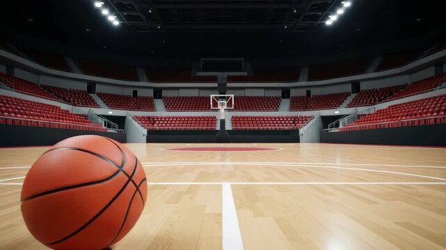 orange basketball rests on gleaming wooden court with white lines facing distant hoop in an empty brightly lit arena Rows of unoccupied red seats curve around the expansive space under dark ceiling
