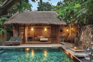 Fototapeta premium Resort villa with pool at dusk