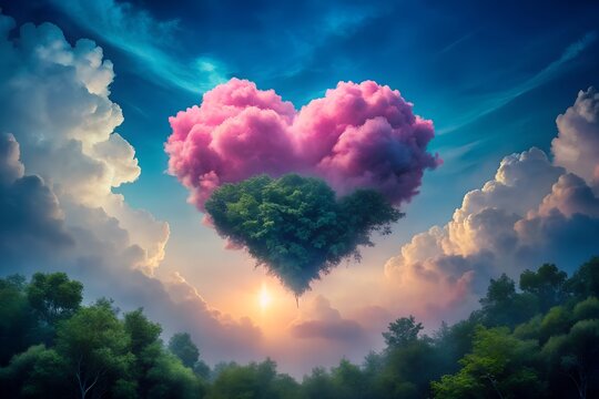 Heart shaped tree with pink clouds in a dreamy landscape at sunset