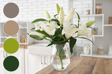 Vase with beautiful lily flowers on wooden counter in kitchen