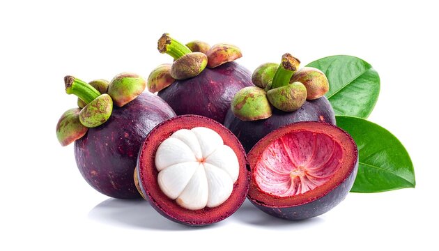 Fresh mangosteen fruit with leaves