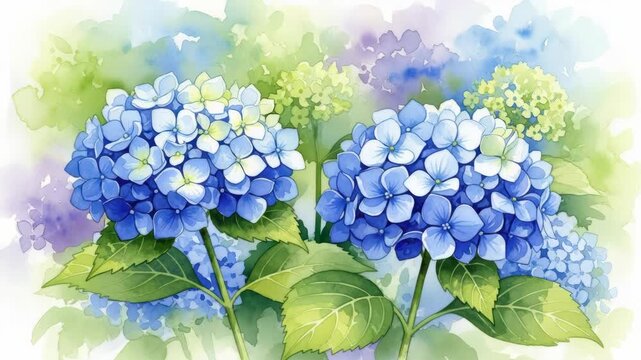 Two prominent blue hydrangea blossoms with green leaves in painterly watercolor style The soft background features washes of green blue and subtle purple with hints of other light floral shapes