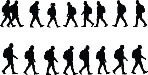Silhouette people walking with backpacks, outdoor travelers illustration, hiking group, trekking adventure design, journey exploration vector, nature walking trip, artwork