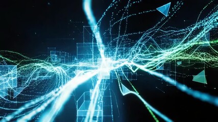abstract digital realm features bright central energy surge Intertwining blue and green particle streams flow around translucent geometric shapes depicting complex data networks and vibrant connection - Powered by Adobe
