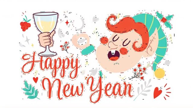 Festive Happy New Year Celebration with Elf, Champagne, and Holiday Cheer!