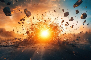 Explosion amidst debris and orange sky