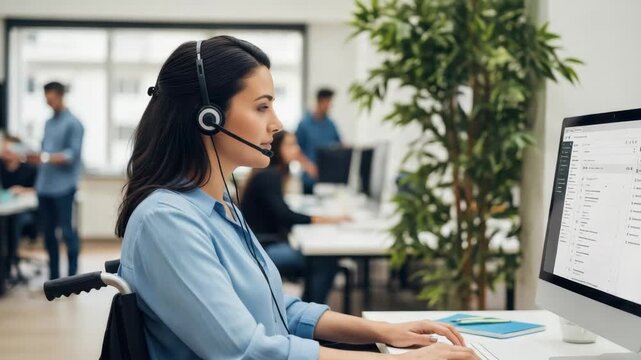 woman in wheelchair wearing headset works diligently at computer in bright office She types on keyboard focused on the screen with colleagues in the background