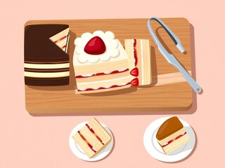Delicious layered cake slices with strawberries and cream on a wooden board