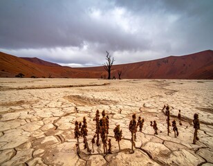 Cracked desert floor under cloudy sky