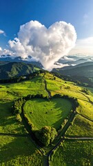 Lush green hills, heart-shaped grove