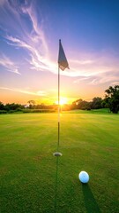 Golf course sunset with ball near hole