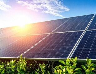 Solar panels under a cloudy blue sky