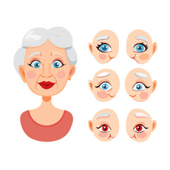 Obraz premium Old woman face constructor set isolated on white background. Vector cartoon illustration of elderly female avatar creation kit, collection of eyes, sad and smiling lips, eyebrows, different ... See Mo