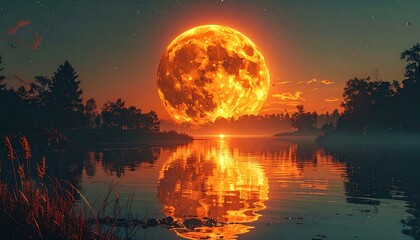 Giant sun rises over calm lake at dusk