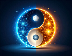 A yin-yang style composition with glowing light structures and deep shadow architecture, futuristic harmony vector design
