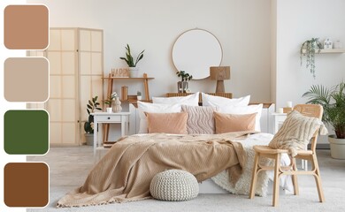 Stylish interior of bedroom with comfortable bed, table, plants and chair. Different color patterns