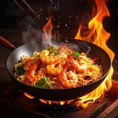 Shrimp noodles in wok with bright flame