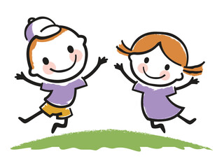 Jumping boy and girl logo with crayon mascot