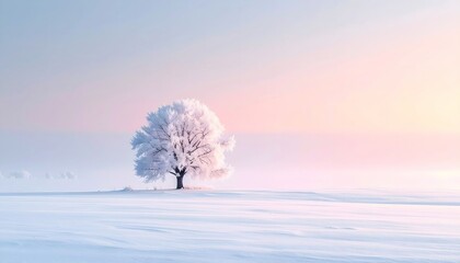 Winter landscape with a solitary frosted tree under a soft pastel sky