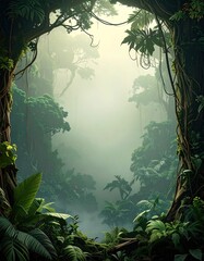 Foggy, lush jungle archway view