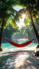 Hammock strung on idyllic tropical beach