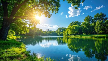 Serene lake, sunburst, and lush trees