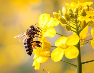 Bee on bright yellow flowers